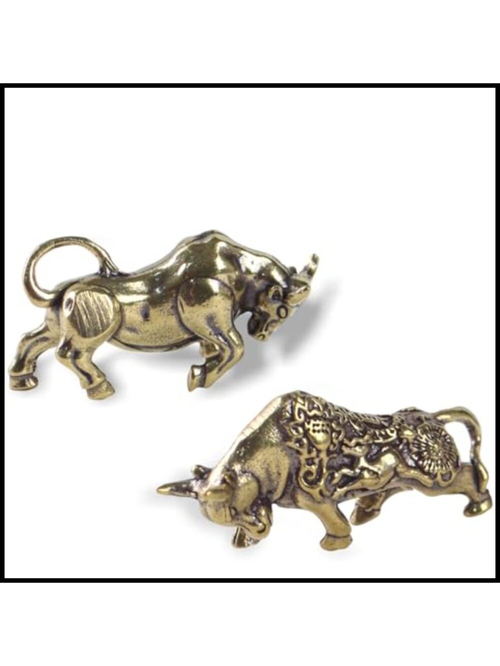 Yellow Brass Miniature Bull Figurine 2pc Handcrafted Lucky Ox Statue Set